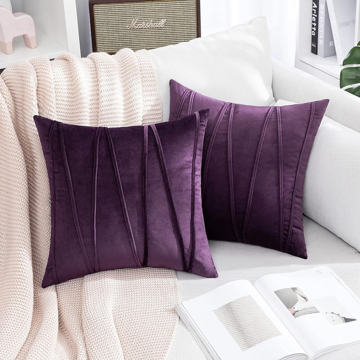 Khooti Velvet Striped Cushion Cover Pack of 1-20X20/51X51 Cm | Wine | Soft Pillow Covers Cushion Case for Sofa Bedroom Living Room Chair Car, Cushion Cover with Zig Zag Pattern