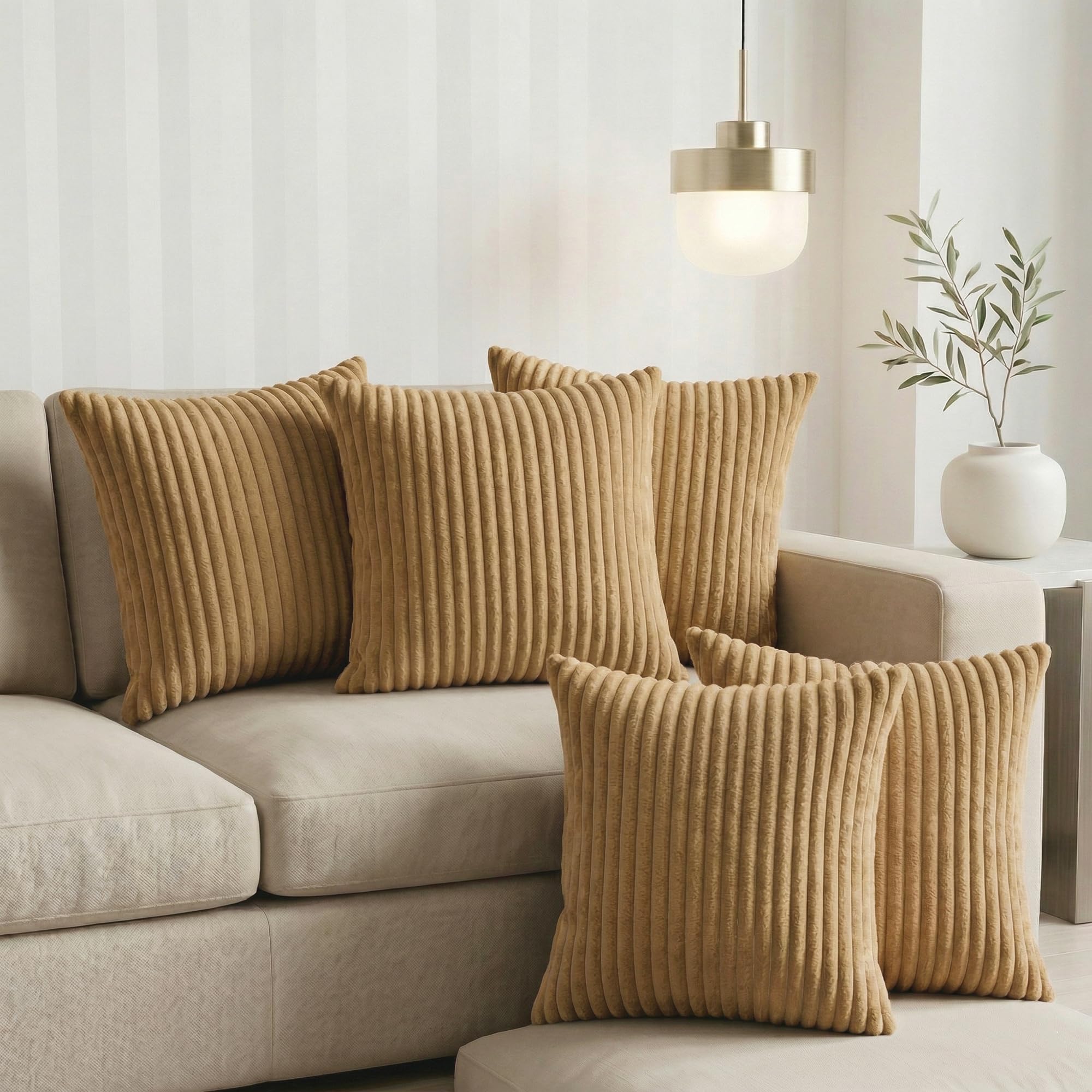 Yellow Weaves Pencil-Stripe Fur Cushion Covers | Soft Polyester | Decorative Sofa & Throw Pillow Covers | 16x16 Inches, Pack of 5 (Golden Brown)