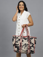 Ravaiyaa - Attitude is everything Women & Man Beautiful Printed Cotton Grocery Shopping Bag | Shoulder Bag | Cotton Tote Bag | Travel Tote Bags 18x5.5x16 Inch (Black Beige Floral)