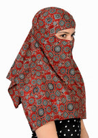 DEEPNYRA - LIVING STYLE Scarf Face Full Covering With Mask Head Hair Wrap Sun Protection For Women Cotton Printed Square All Season Wear (MARRON AJRAK CHAKRI)
