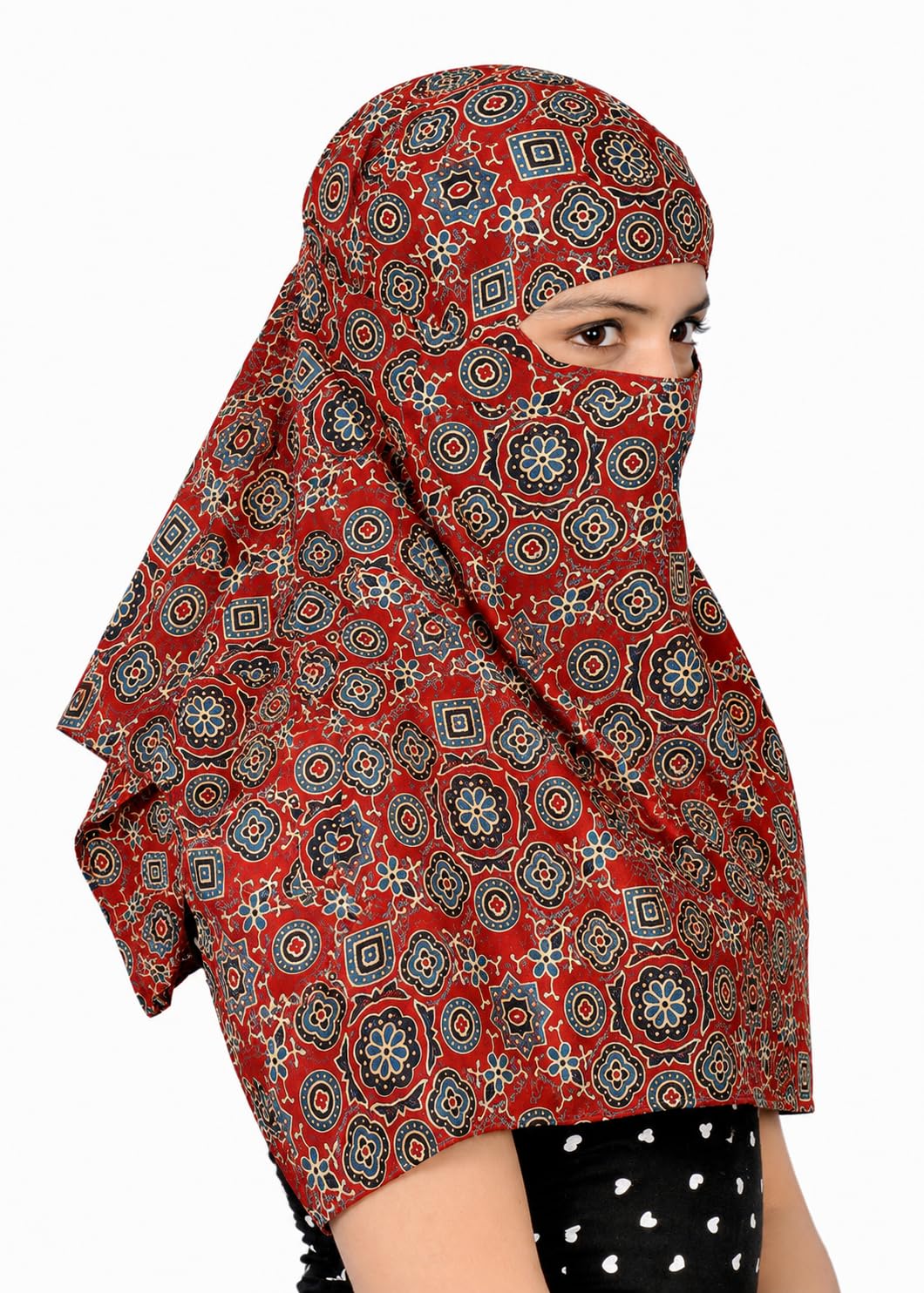 DEEPNYRA - LIVING STYLE Scarf Face Full Covering With Mask Head Hair Wrap Sun Protection For Women Cotton Printed Square All Season Wear (MARRON AJRAK CHAKRI)