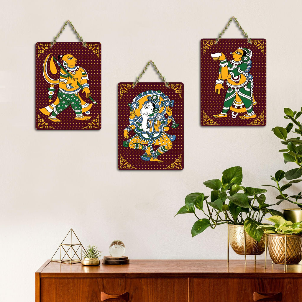 Artvibes Phad Art Home Wooden Wall Hanger for Home Decor | Modern Decoration Items | Living Room | Bedroom | Office | Artwork | Wall Illustrations | Handcrafted Art | Gift Items (WH_96173N), Set of 3