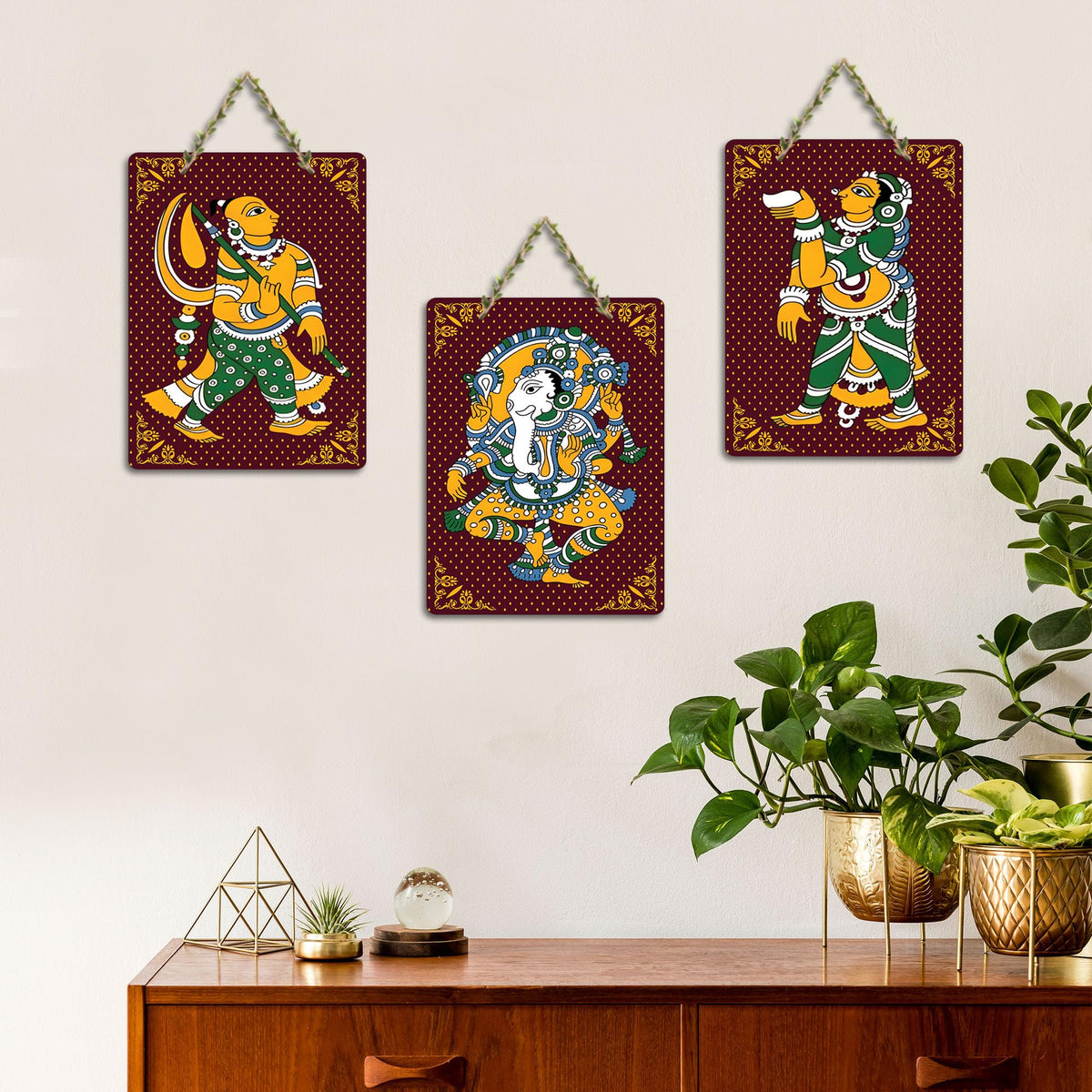 Artvibes Phad Art Home Wooden Wall Hanger for Home Decor | Modern Decoration Items | Living Room | Bedroom | Office | Artwork | Wall Illustrations | Handcrafted Art | Gift Items (WH_96173N), Set of 3