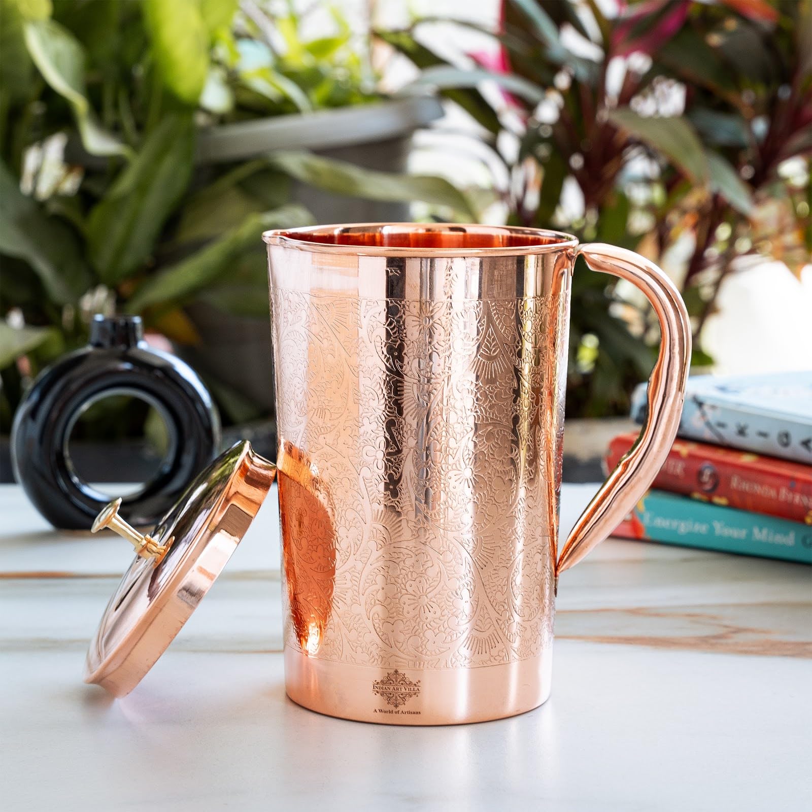 Indian Art Villa Full Embossed Design Copper Jug Pitcher with Brass Knob, Storage & Serving Water, Yoga Ayurveda Healing, Volume- 2000 ML