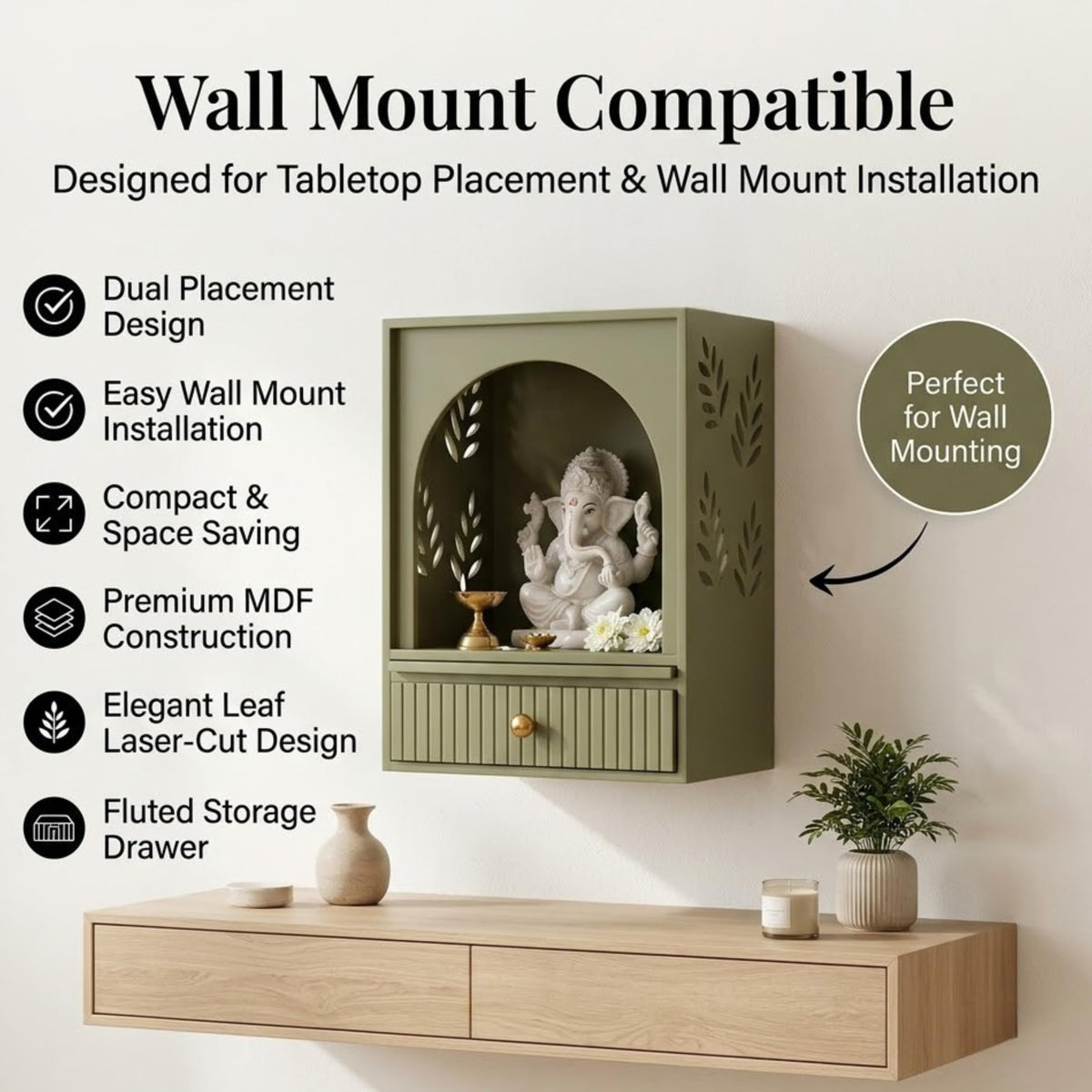 Home Sparkle Wooden Temple for Home | Premium MDF Pooja Mandir with Paint Finish | Modern Tabletop Mandir with Storage Drawer, Spacious Prayer Shelf | Reed Green