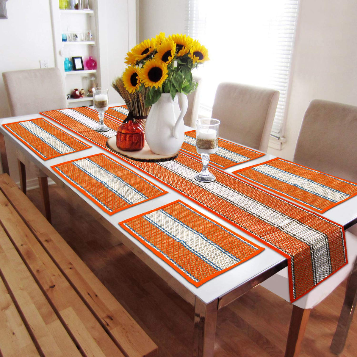 HOKIPO River Grass Natural Handmade Madurkathi Heat Resistant Table Mats With Runner For Dining Table, (Orange) Set Of 6 Kafalo