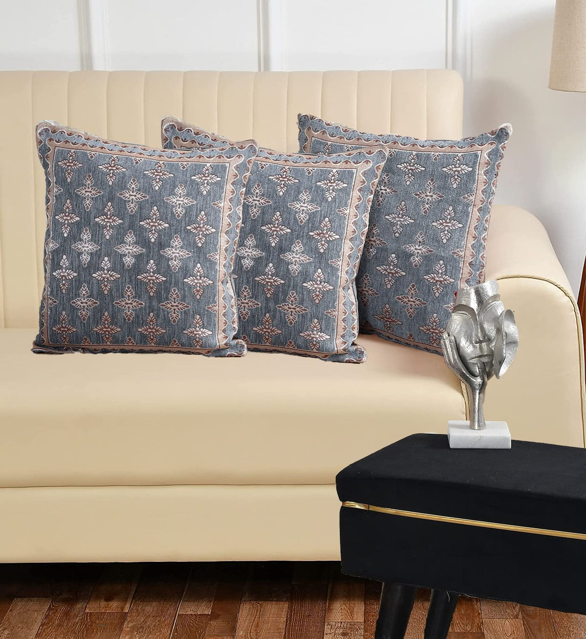 DECOMIZER Jacquard Geomteric Cushion Covers 16 Inch X 16 Inch Set Of 3 Ethnic Motifs 240 TC Cushion Covers,Design- Pplus,Color- Grey