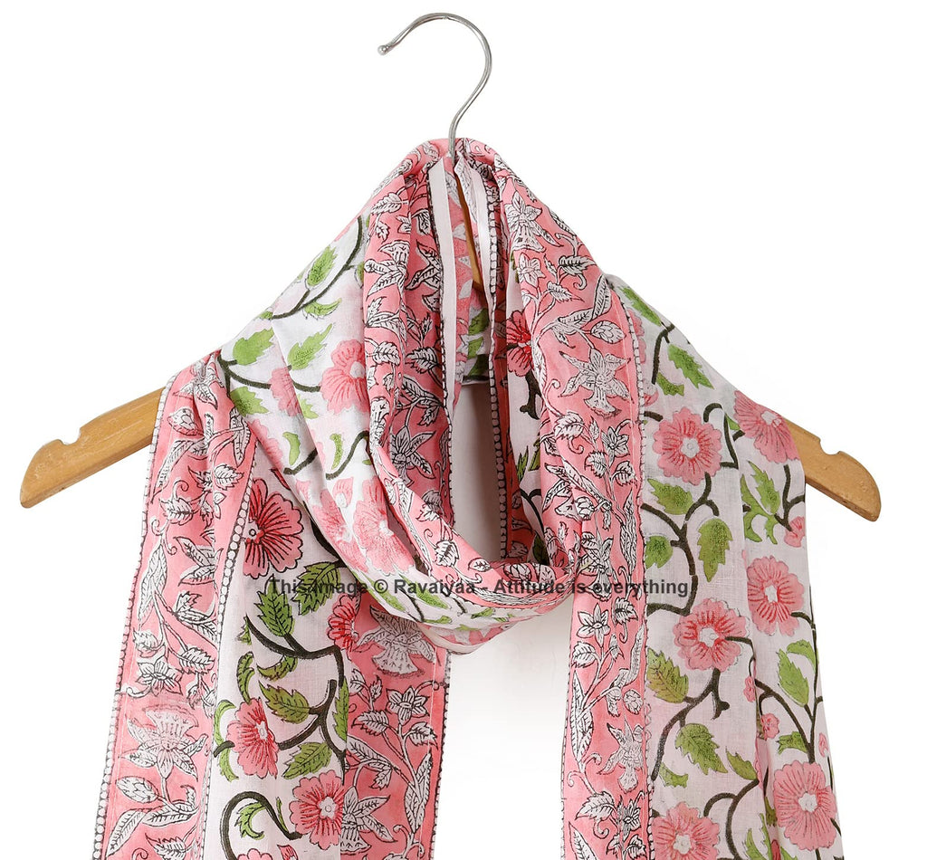 Ravaiyaa - Attitude is everything Hand Block Printed Cotton Long Stole Scarves Hijab Neck Wrap Scarf 71 X 21 Inch (Pink Floral)