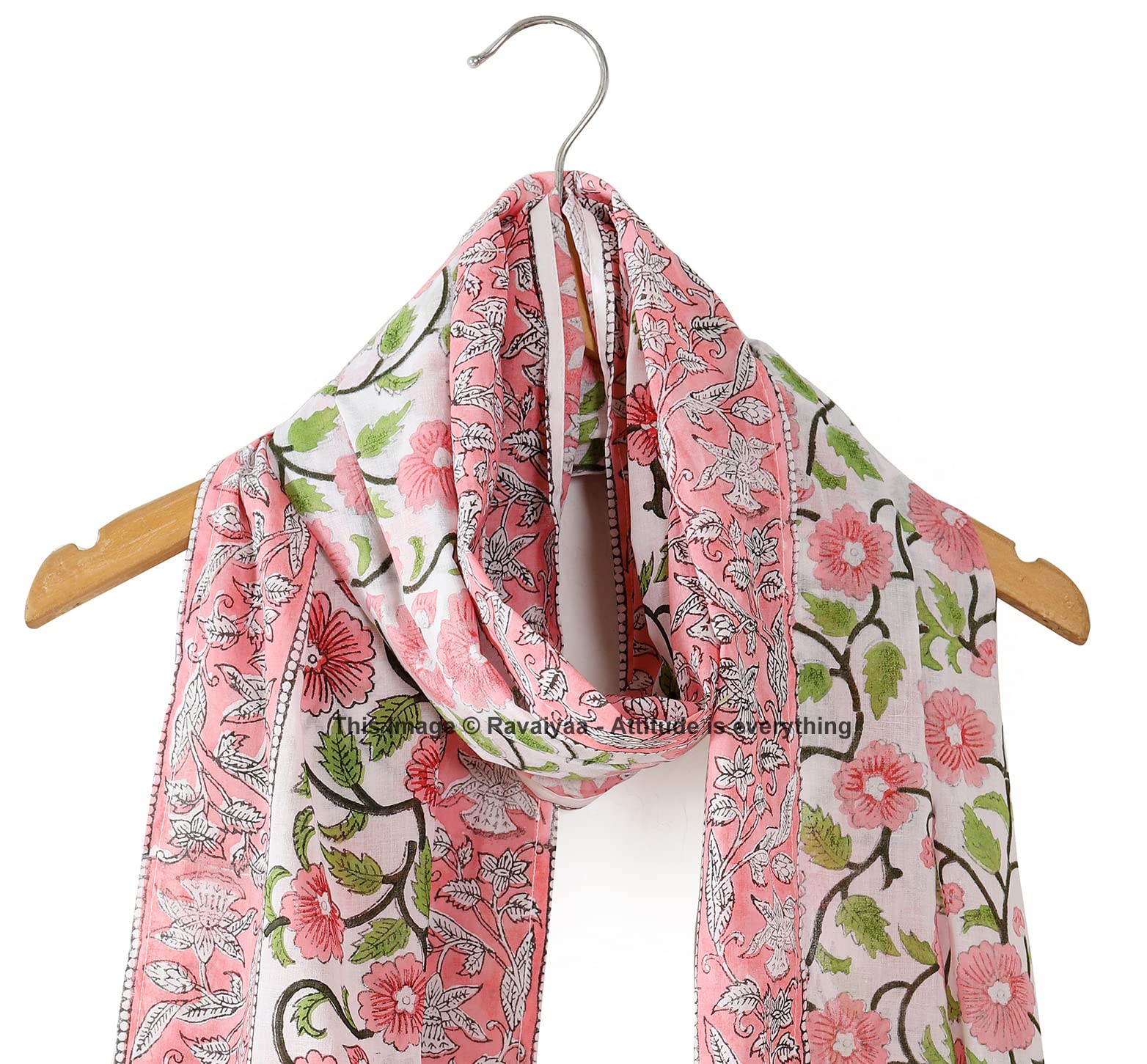 Ravaiyaa - Attitude is everything Hand Block Printed Cotton Long Stole Scarves Hijab Neck Wrap Scarf 71 X 21 Inch (Pink Floral)