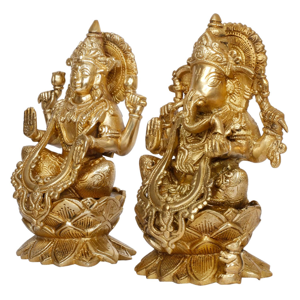 ARTVARKO Ganesha Laxmi Brass Mangalkari Jewellery Ganesh Lakshmi Bhagwan Idol Sitting on Lotus Ganpati Murti Statue 9 Inches