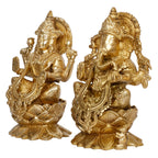 ARTVARKO Ganesha Laxmi Brass Mangalkari Jewellery Ganesh Lakshmi Bhagwan Idol Sitting on Lotus Ganpati Murti Statue 9 Inches