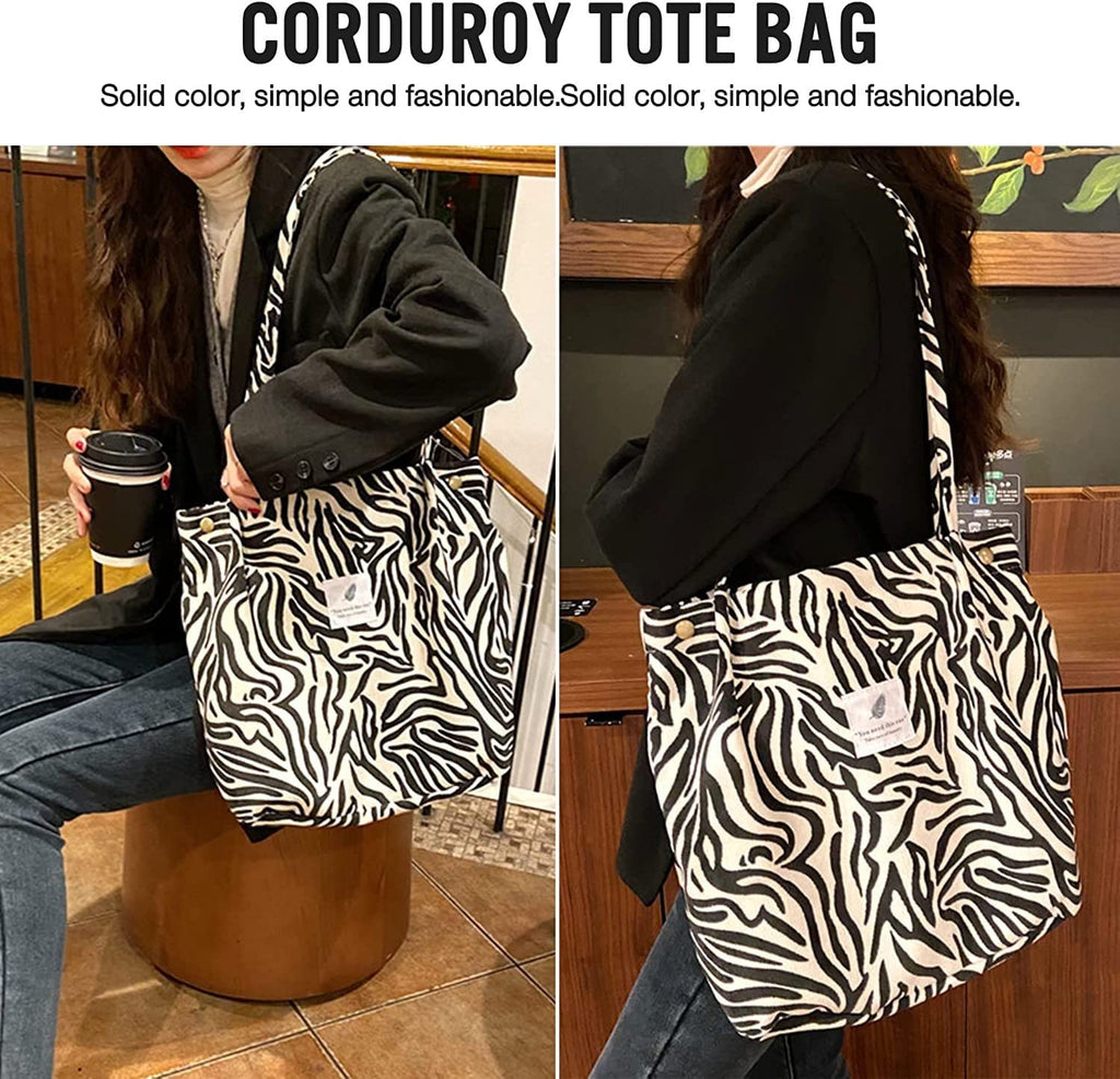 Kawn® Women Corduroy Tote Bag Canvas Shoulder Cord Purse Reusable Shopping Bag Grocery Bag Large Capacity Washable Handbag Girls Shoulder Bag with Inner Pocket For Daily Use Work Travel (Zebra)