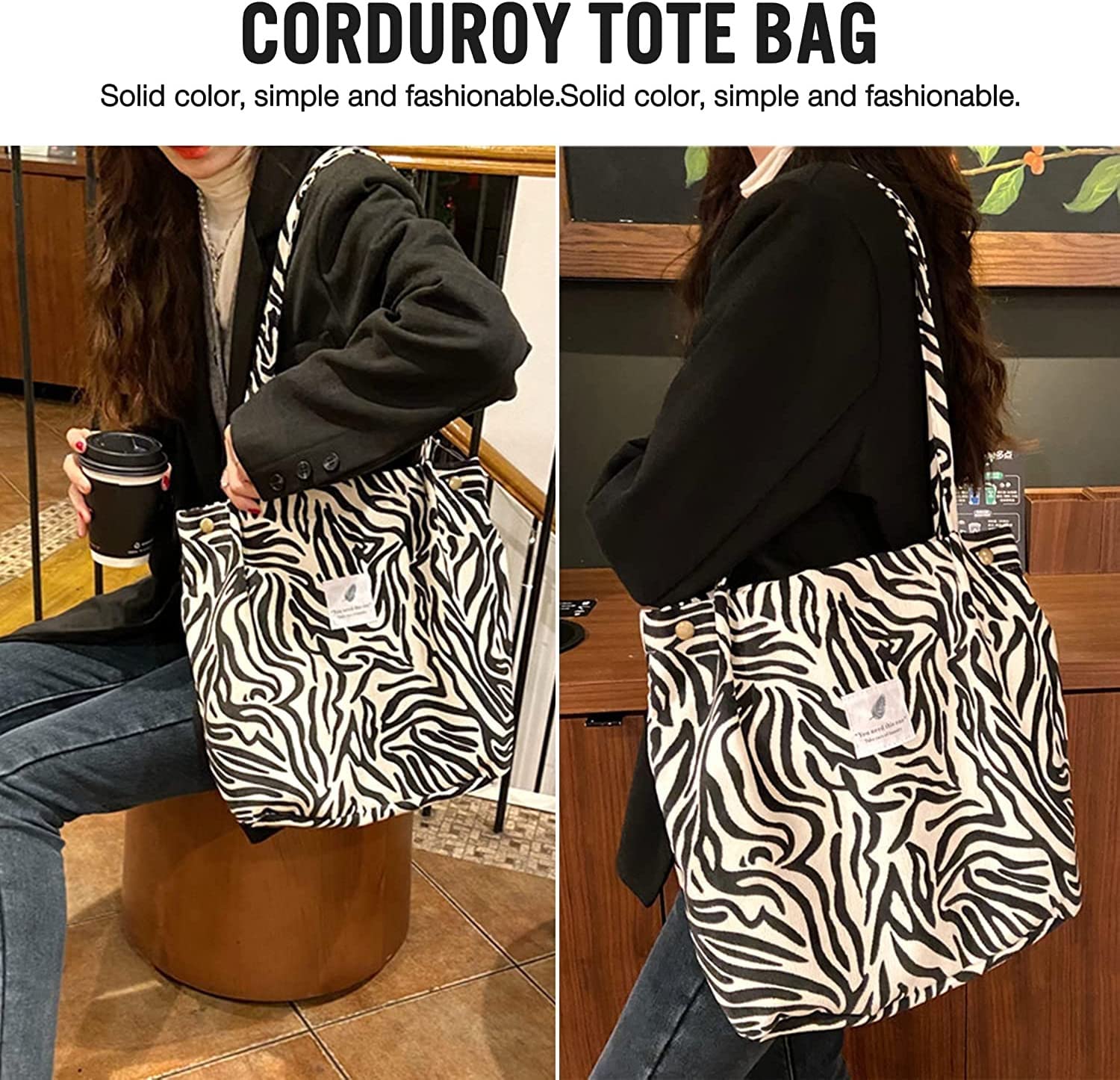 Kawn® Women Corduroy Tote Bag Canvas Shoulder Cord Purse Reusable Shopping Bag Grocery Bag Large Capacity Washable Handbag Girls Shoulder Bag with Inner Pocket For Daily Use Work Travel (Zebra)