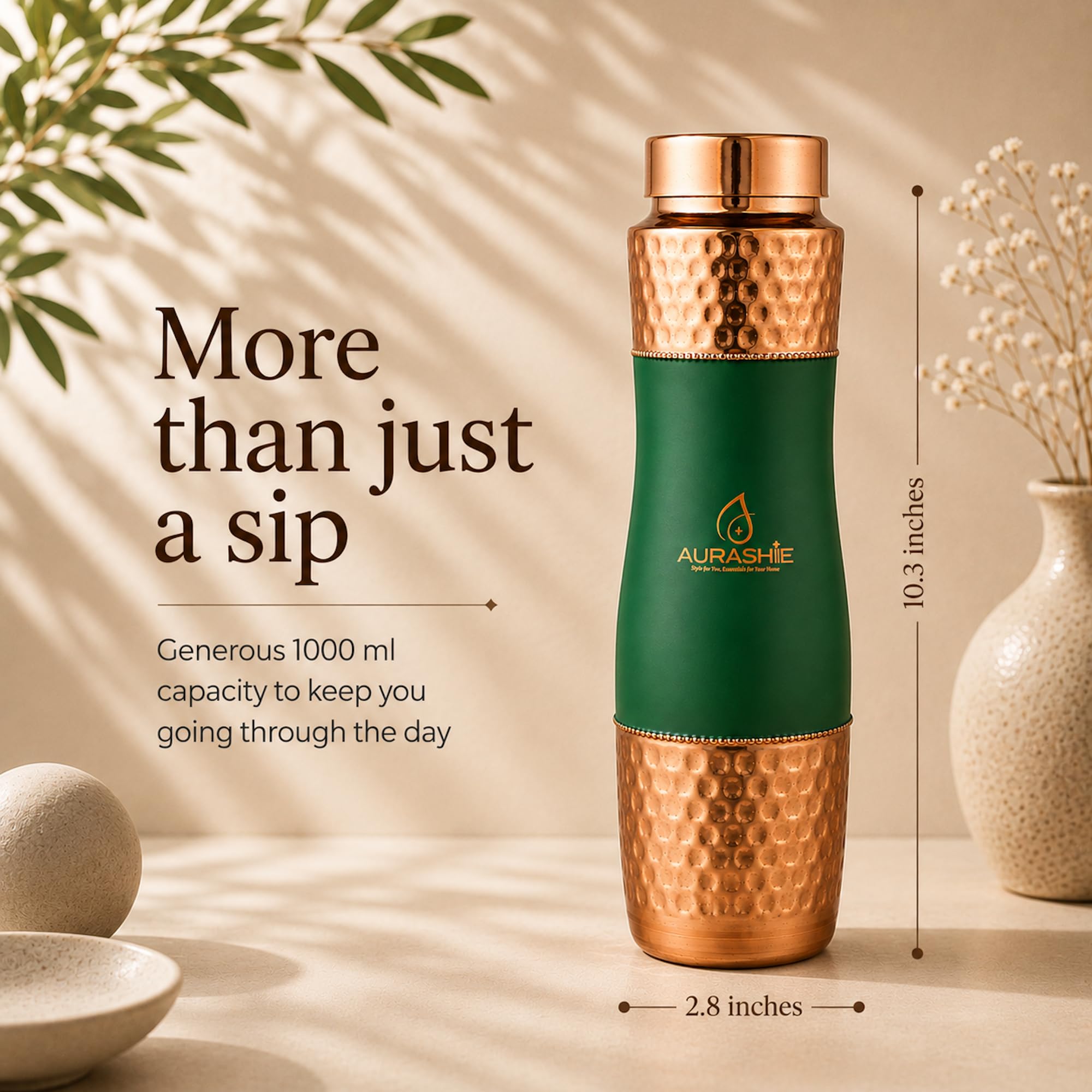 AURASHIE Pure Copper Water Bottle 1 Litre | BPA Free & Leak Proof | Copper-Infused Water | Durable & Rust Proof | Ayurveda Health Benefits - Hammered Finish (Green Grip Sleeve)
