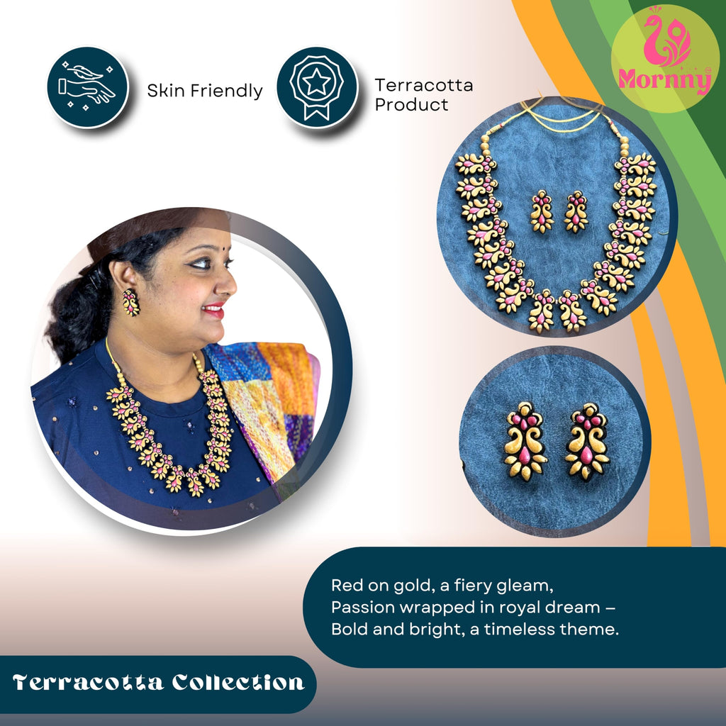Mornny Kerala Palakka Terracotta Jewellery for Women | Necklace Set with Earrings | Hand Painted | Stylish Festive Gift for Mother, Wife, Girlfriend (Pink)