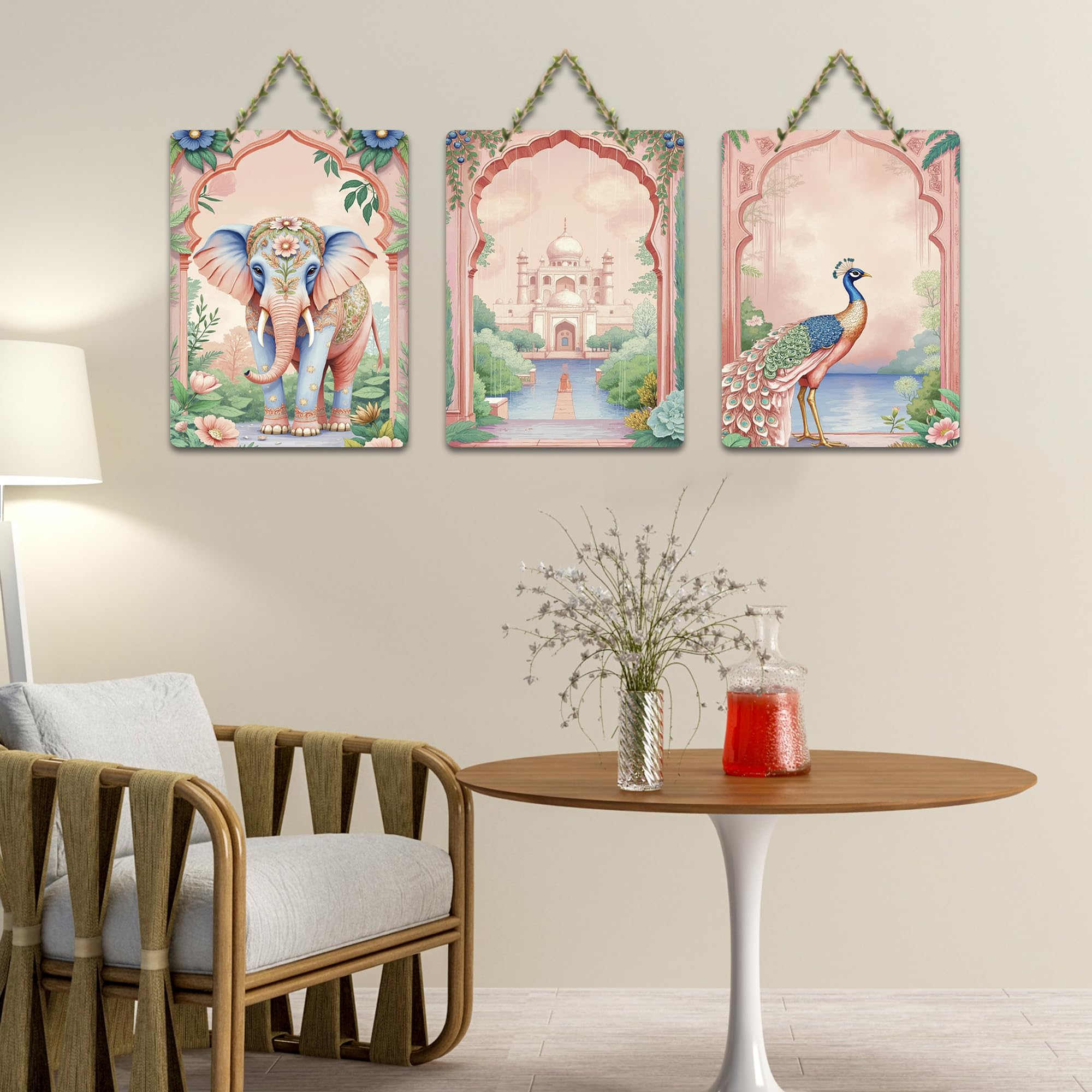 Artvibes Taj Mahal, Peacock & Elephant Royal Indian Modern Art Wooden Wall Hanger for Home Decor | Handcrafted Art | Aesthetic Wooden Decor | Graphic Artwork | Unique Gift (WH_9655NN), Set of 3