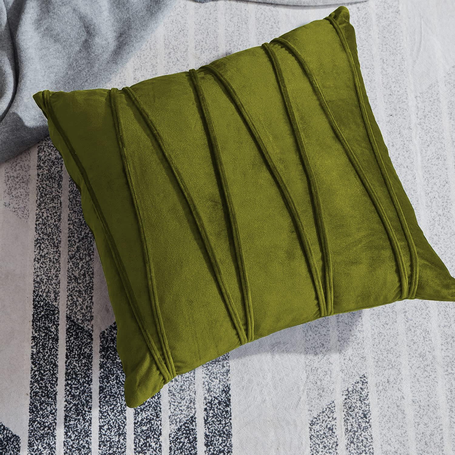 Khooti Velvet Striped Cushion Cover Pack of 1-36 x 36 / 91 x 91 cm | Olive | Soft Pillow Covers Cushion Case for Sofa Bedroom Livingroom Chair Car, Cushion Cover with Zig Zag Pattern