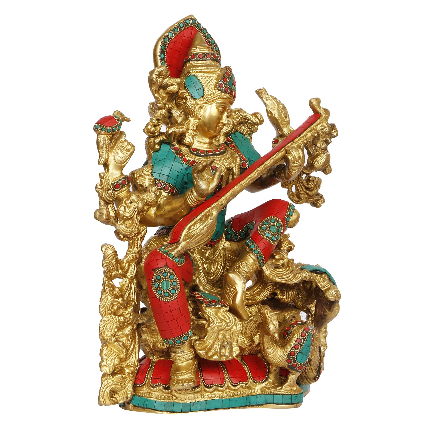 ARTVARKO Big Brass Saraswati Multicolor Statue Sitting Education Study Vidya Devi Idol Spiritual Puja Vastu Showpiece Religious Murti Sculpture Knowledge Music & Art 16 Inches