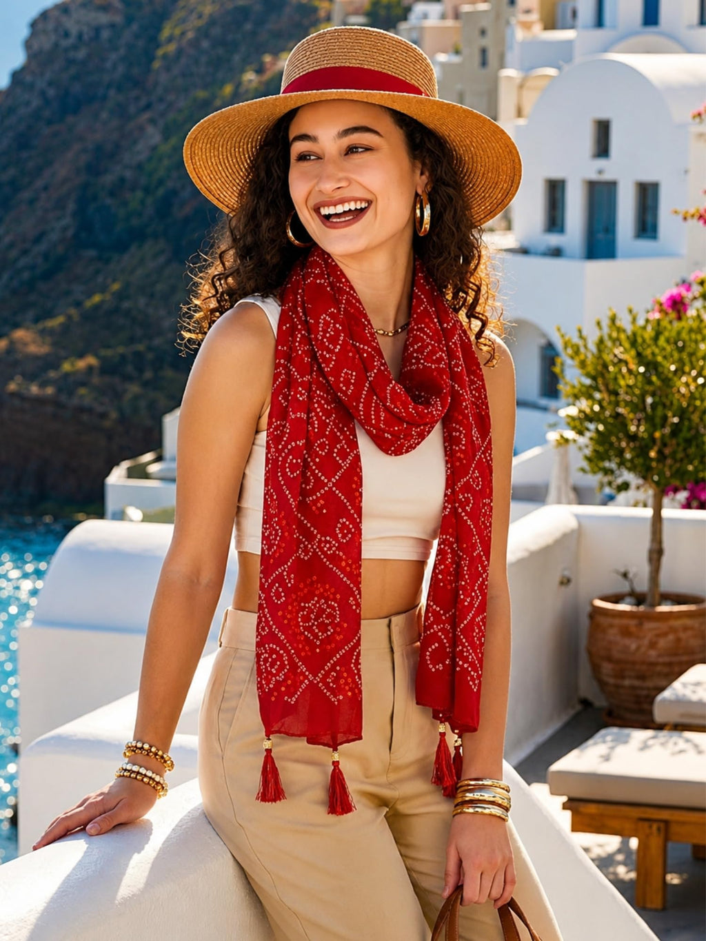 KE KANHA EXPORTS Cotton Scarf with Tassels|Bandhani Print Scarf for Women Stylish|Stole for Women|Breathable Boho Beach Summer Wrap|Multicolor Scarf|Easily Fits 180 * 50 CM