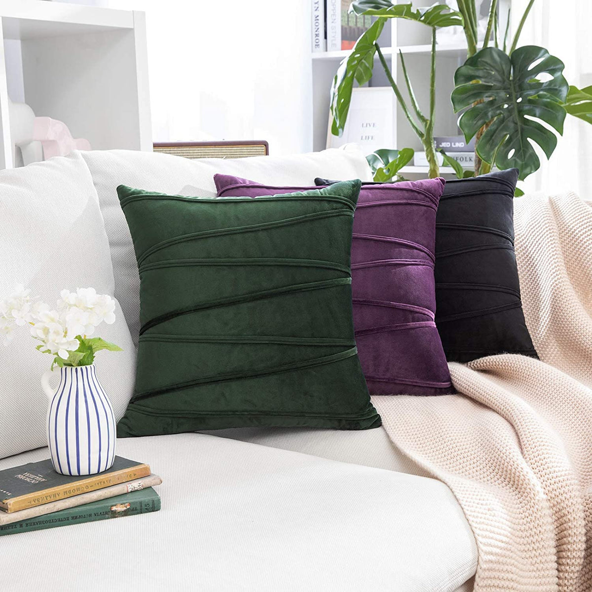 Khooti Velvet Striped Cushion Cover Pack of 1-32 x 32 / 81 x 81 cm | Wine | Soft Pillow Covers Cushion Case for Sofa Bedroom Livingroom Chair Car, Cushion Cover with Zig Zag Pattern