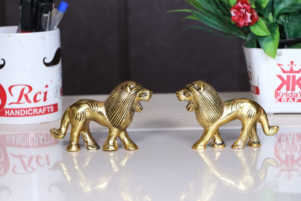 KridayKraft Metal Lion Pair in Fine Finishing & Decorative for Home/Office & Table (Gold, Standard), 11 cm , 5 cm