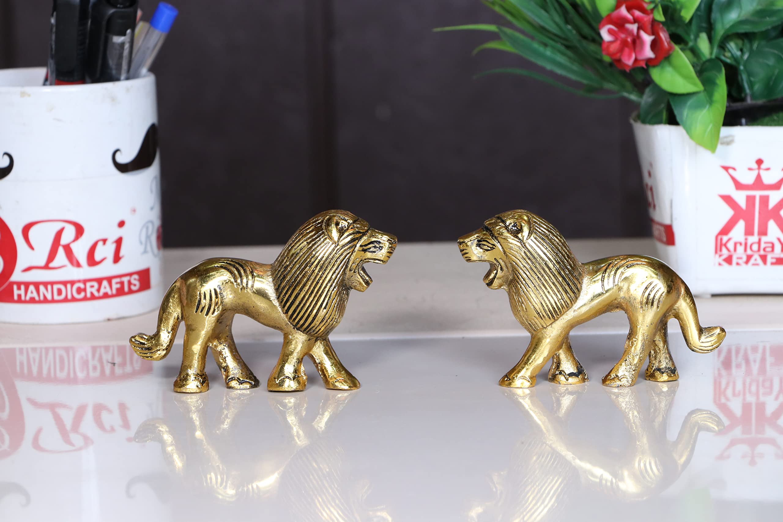 KridayKraft Metal Lion Pair in Fine Finishing & Decorative for Home/Office & Table (Gold, Standard), 11 cm , 5 cm