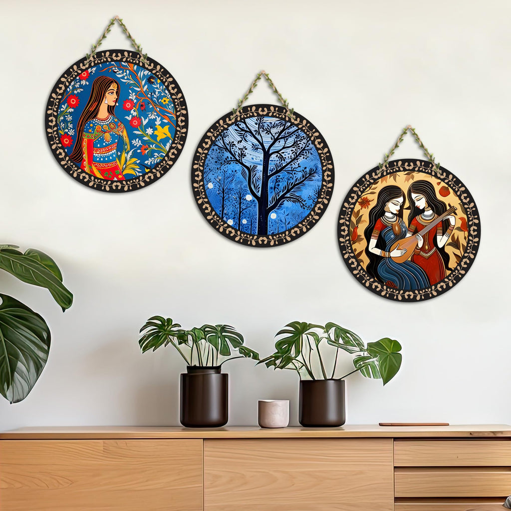 Artvibes Women Portrait Art Round Shape MDF Wooden Wall Decor Items | Living Room | Office | Cafe | Painting Wall Decor | Handcrafted Art | Wall Illustrations | Unique Gift (WH_9905N), Set of 3
