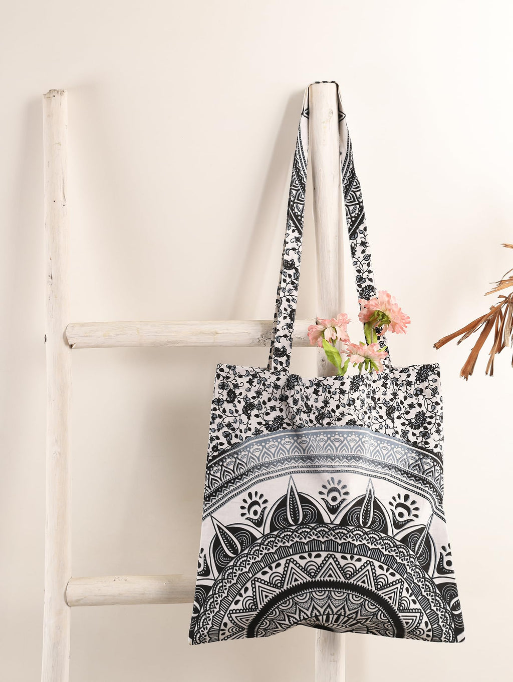 Ravaiyaa - Attitude is everything Cotton Shoulder Bag/Tote Bag For Women| Printed Multipurpose Handbag With Top Zip| Best For Shopping, Travel, Work, Beach, Office, College (White Black Ombre Mandala)