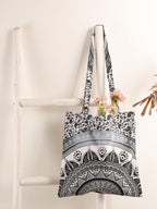 Ravaiyaa - Attitude is everything Cotton Shoulder Bag/Tote Bag For Women| Printed Multipurpose Handbag With Top Zip| Best For Shopping, Travel, Work, Beach, Office, College (White Black Ombre Mandala)