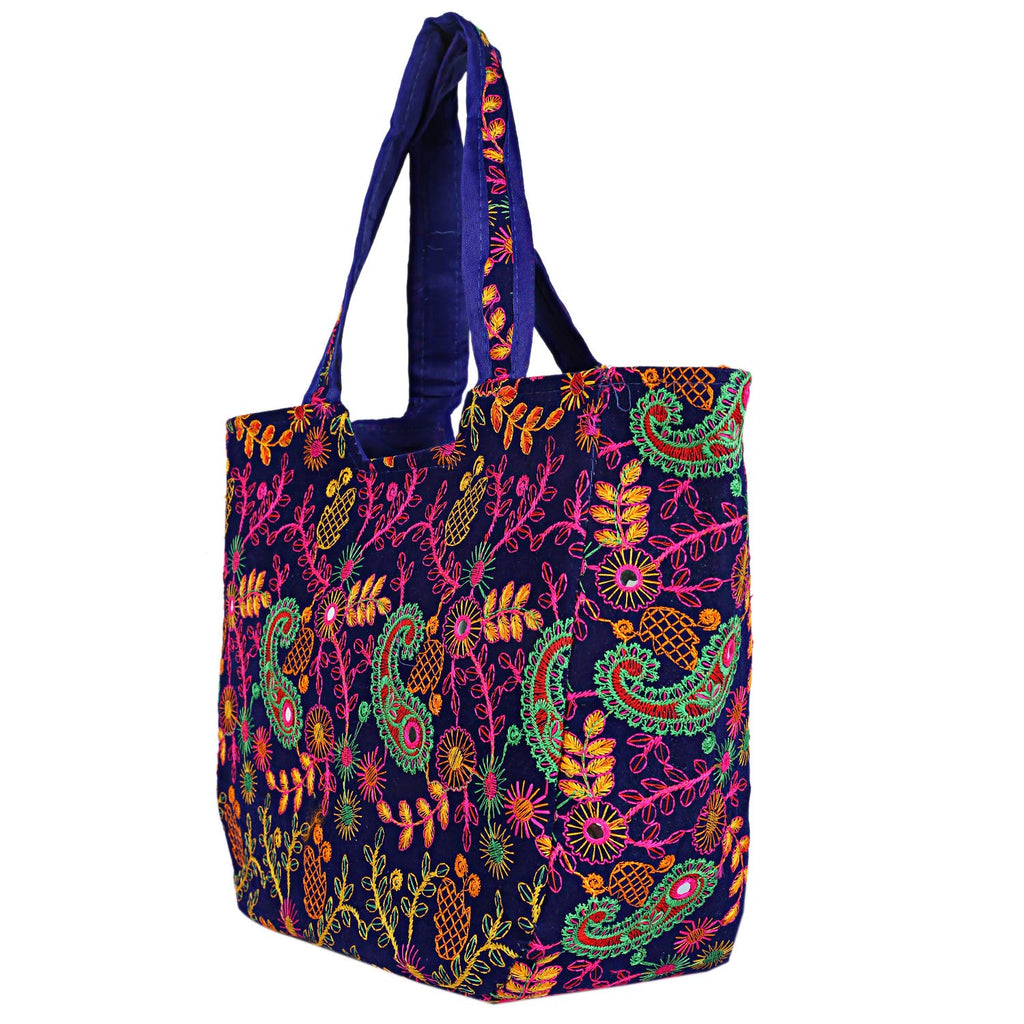Craft Trade Women's Cotton Tote Bags with Zip 36x30x12 Cm Embriodery Mirror Work Leaf Print Shopping Handbag - Blue