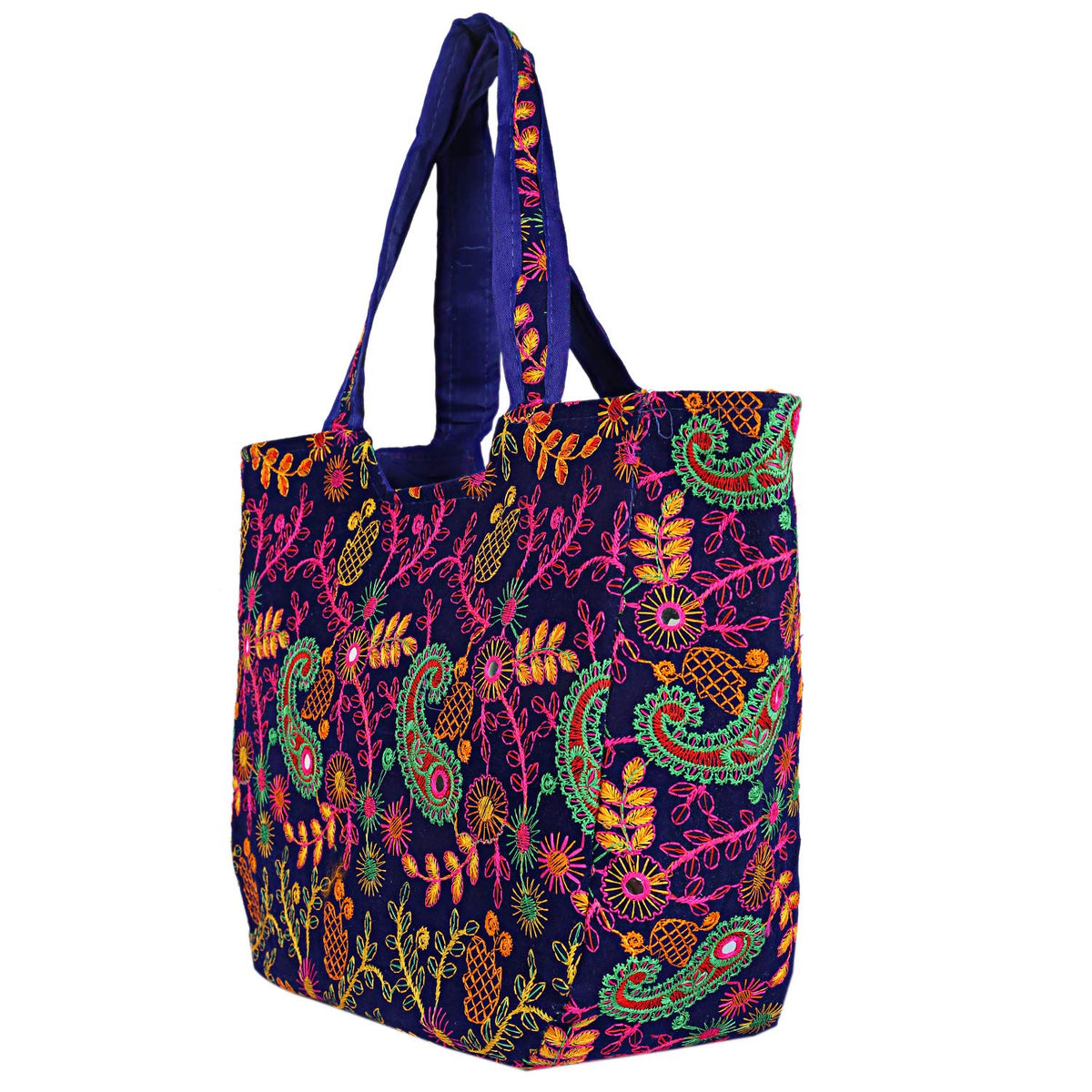 Craft Trade Women's Cotton Tote Bags with Zip 36x30x12 Cm Embriodery Mirror Work Leaf Print Shopping Handbag - Blue