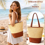 Storite Women’s Summer Straw Tote Bag – Woven Raffia Beach Handbag with Leather Base & Long Shoulder Straps | Lightweight Vacation, Travel & Everyday Shopper Bag
