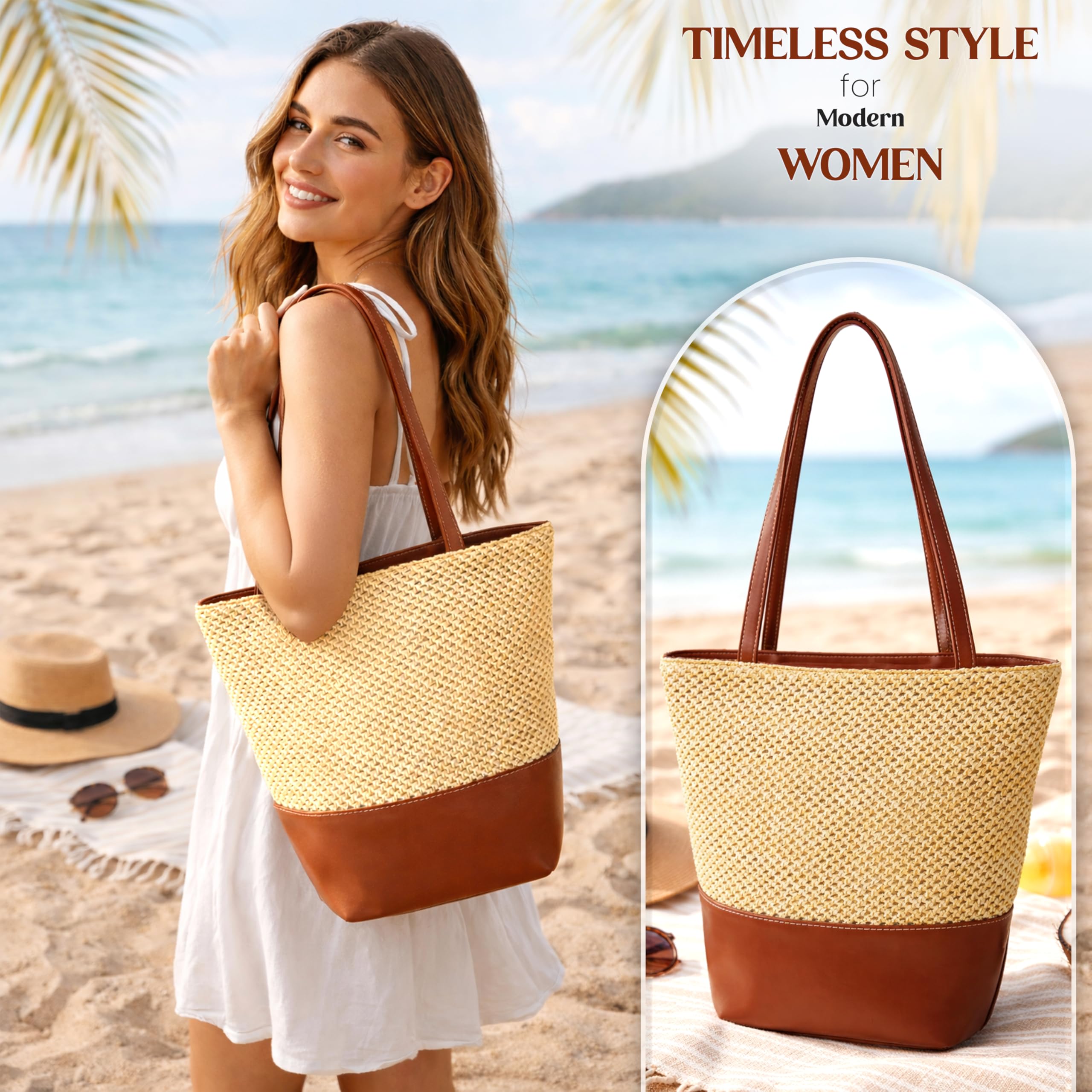 Storite Women’s Summer Straw Tote Bag – Woven Raffia Beach Handbag with Leather Base & Long Shoulder Straps | Lightweight Vacation, Travel & Everyday Shopper Bag