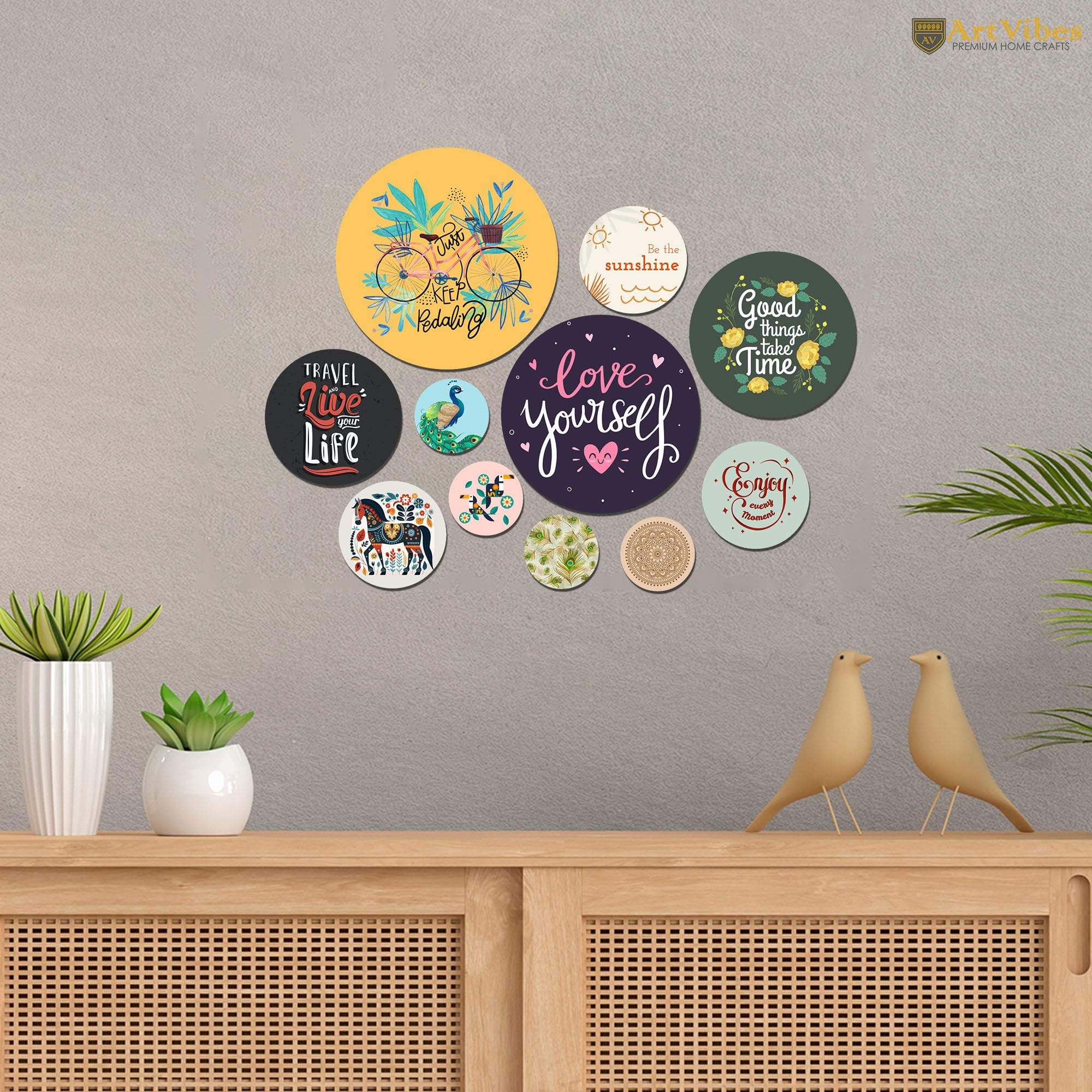 Artvibes Travel & Live Your Life Decorative Round Shape MDF Wooden Wall Hanging | Quotes Decor Item | Traveller Quotes Wall Art | Wall Illustrations | Home Decor | Unique Gift (WPS_141NN), Set of 11