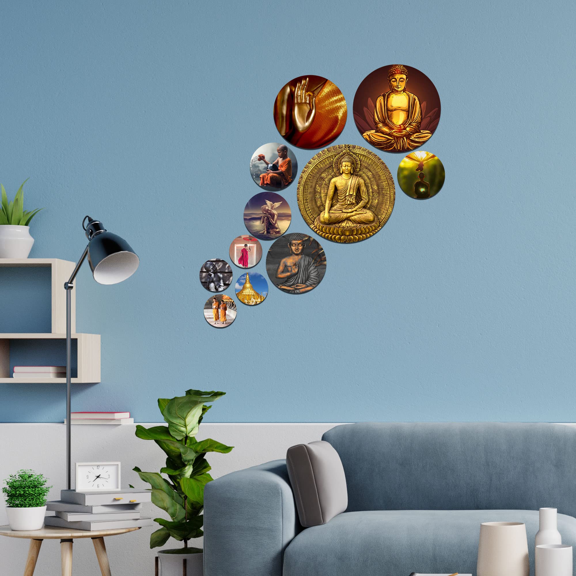 Artvibes Golden Buddha Doing Meditation Round Shape MDF Wooden Wall Decor Items | Wall Art Painting For Hall | Wall Paintings | Handcrafted Art | Ethnic Wall Decor | Gift Items (WPS_123N), Set of 11