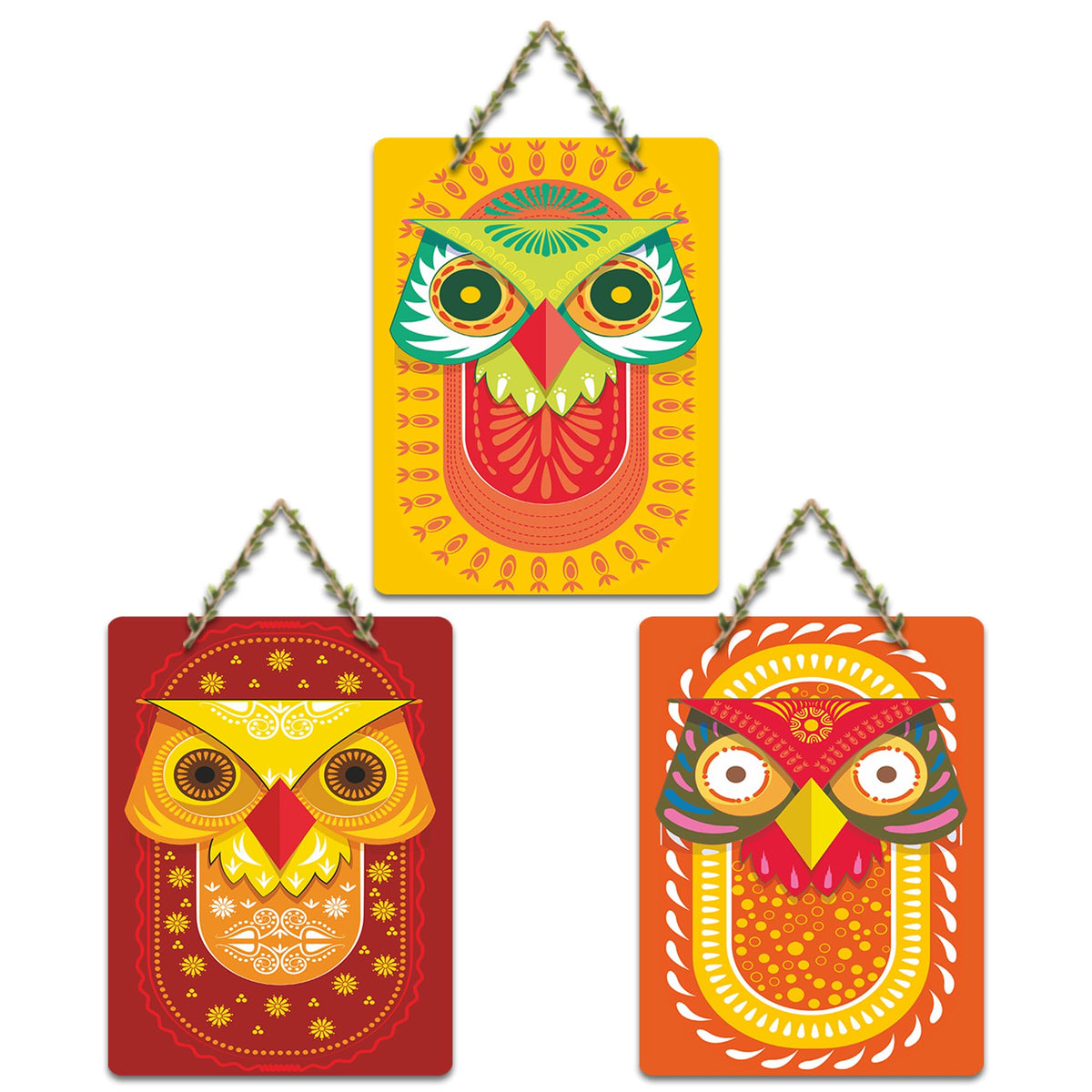 Artvibes Vivid Owl Expressions Art Home Decorative Wall Hanging Ornaments | Wall Sculpture | Signs & Plaques | Handcrafted Art | Aesthetic Wooden Decor | Ideal Gift (WH_9619N), Set of 3