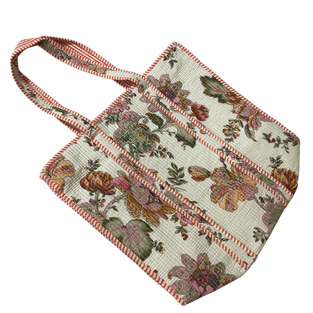 Mohinii Cotton Quilted Shopping Tote Bag, 18x18 Inch, Floral Print, White Red Striped
