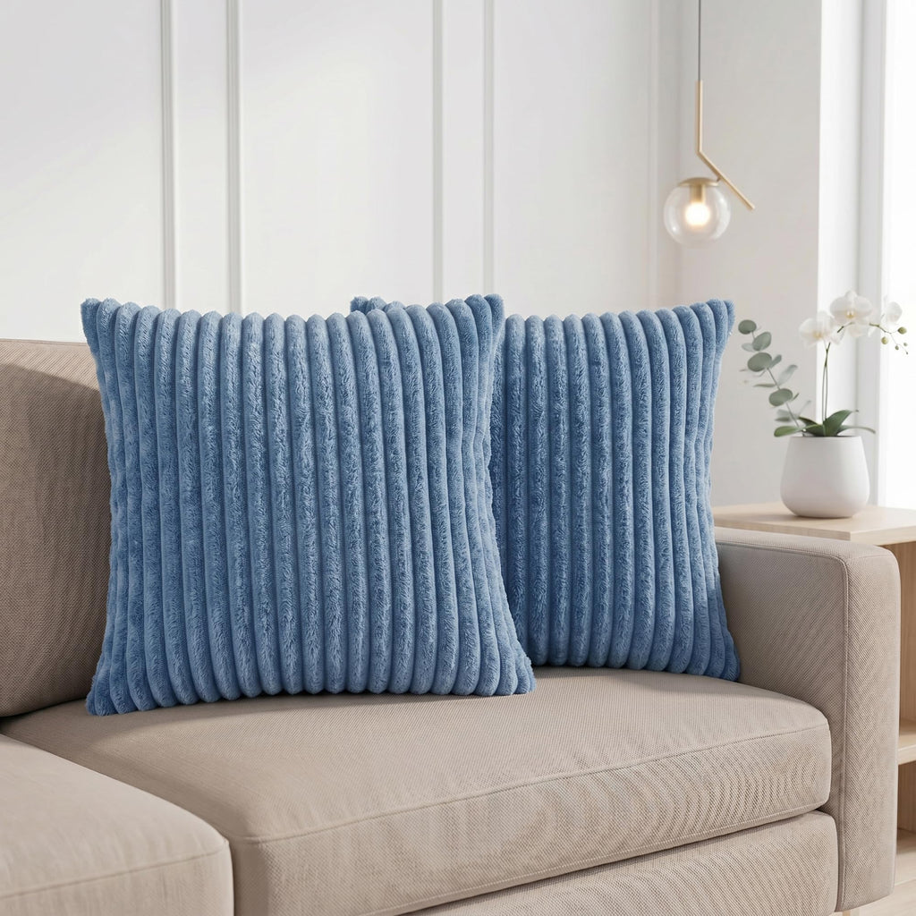 Yellow Weaves Pencil-Stripe Fur Cushion Covers | Soft Polyester | Decorative Sofa & Throw Pillow Covers | 16x16 Inches, Pack of 2 (Sky Blue)