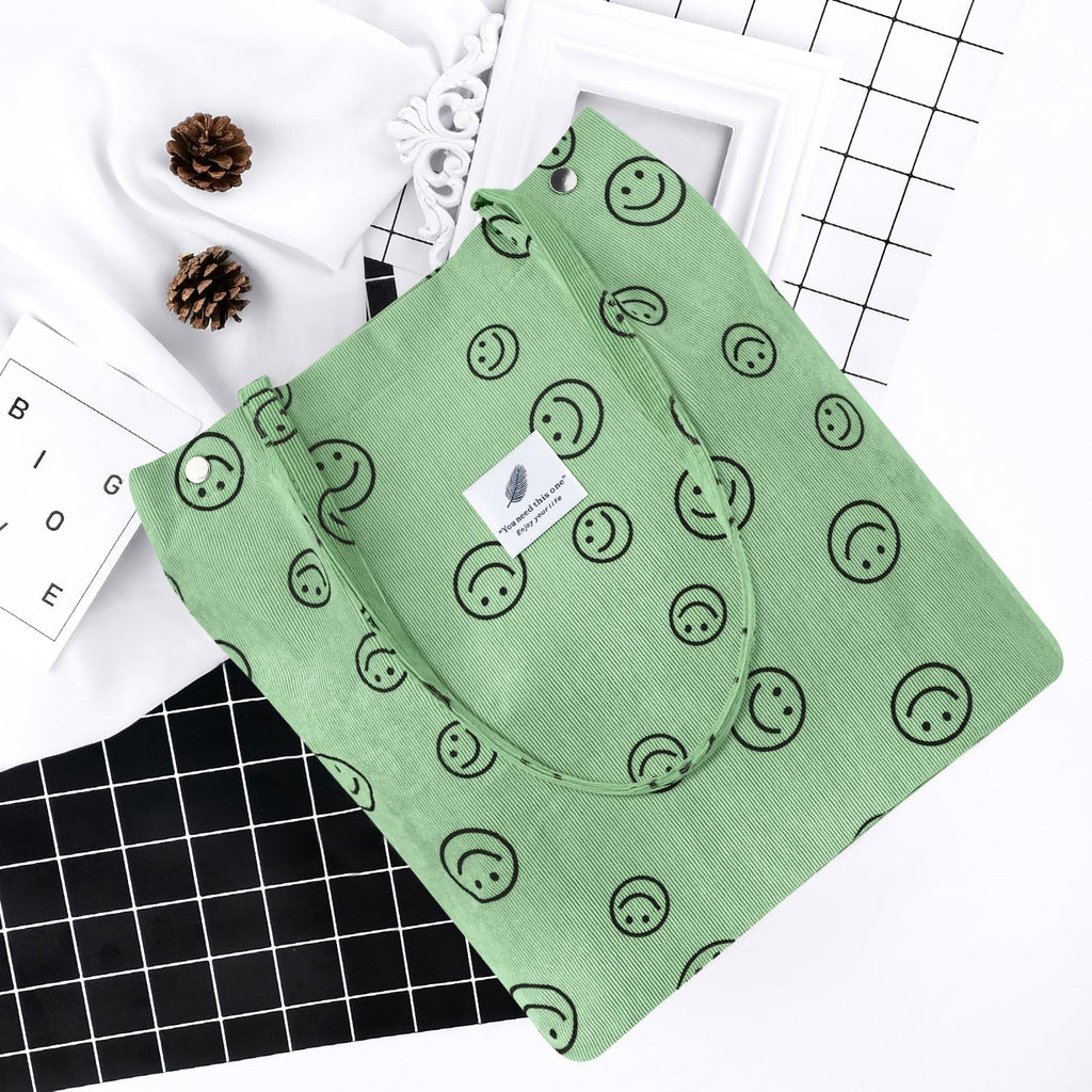 Kawn Women Corduroy Canvas Tote Bag Shoulder Purse Reusable Shopping Bag Grocery Bag Large Capacity Washable Handbag Girls Shoulder Bag With Inner Pocket For Daily Use (Smiley Pea Green)