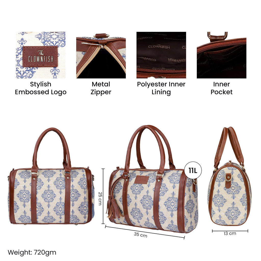 THE CLOWNFISH Lorna Printed Handicraft Fabric Handbag for Women Office Bag Ladies Shoulder Bag Tote for Women College Girls (Off White)