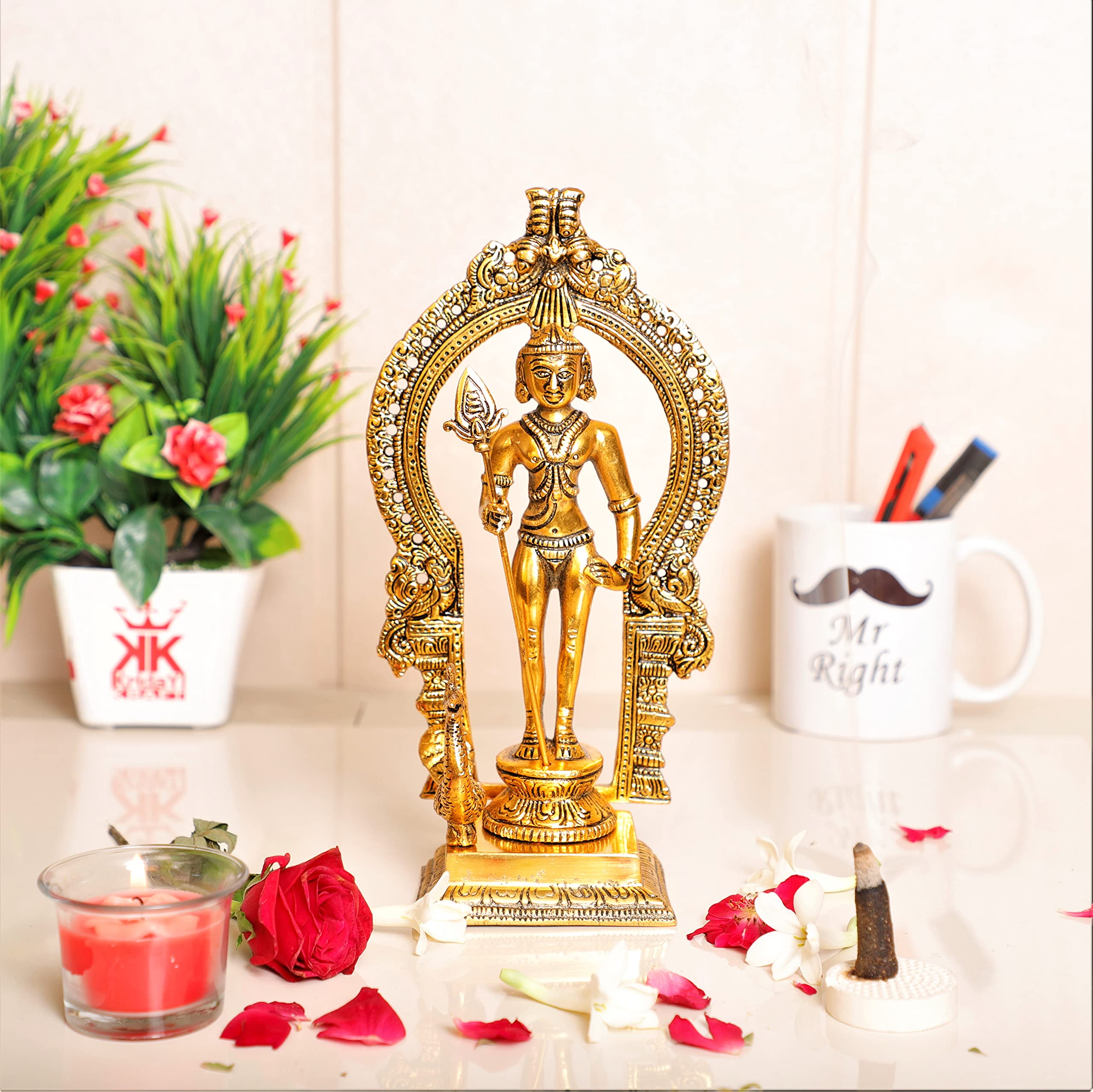 KridayKraft Metal Murugan Swami (Kartikeya) Statue Standing with Peacock, Swaminatha,Skanda Swamiji, Subramanyam Murti for Pooja, Vastu & Home,Office Decor,Religious Idol