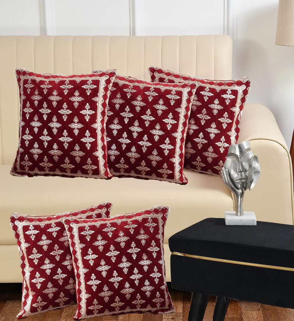 DECOMIZER Jacquard Geomteric Cushion Covers 16 Inch X 16 Inch Set Of 5 Ethnic Motifs 240 TC Cushion Covers,Design- Plus,Color- Maroon