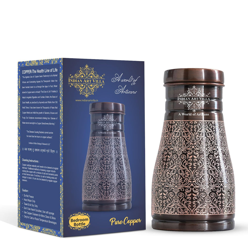 INDIAN ART VILLA Pure Copper Bedroom Water Bottle with Inbuilt Glass, Dark Embossed Design, Bedside Carafe, Ayurvedic Health Benefits, 950 ML (Pack of 1)
