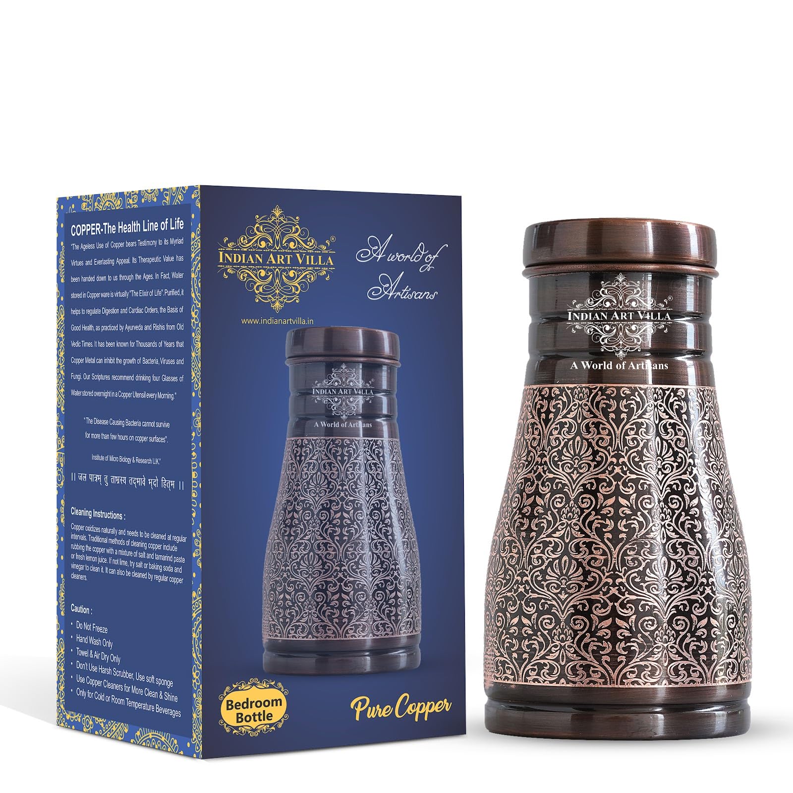 INDIAN ART VILLA Pure Copper Bedroom Water Bottle with Inbuilt Glass, Dark Embossed Design, Bedside Carafe, Ayurvedic Health Benefits, 950 ML (Pack of 1)