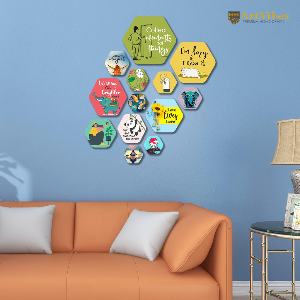 Artvibes Collect Moments Not Things Decorative Hexagon Shape MDF Wooden Wall Hanging | Quotes Decor Item | Wall Accent | Office Decor | Mdf Wall Decoration | Gift Items (WPS_206NN), Set of 13