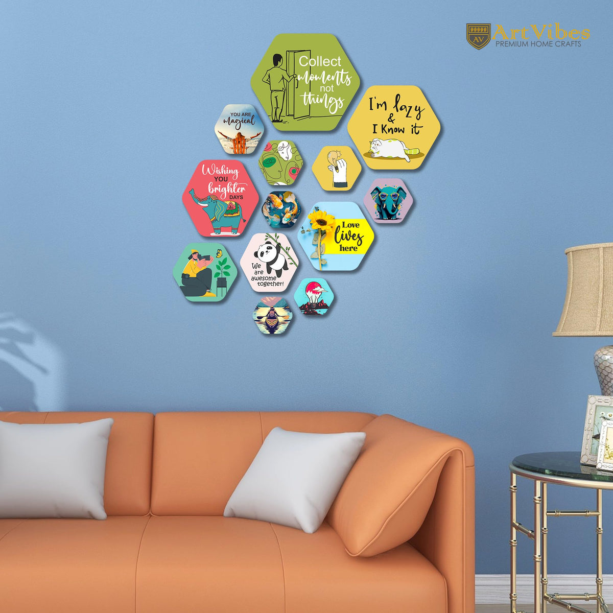 Artvibes Collect Moments Not Things Decorative Hexagon Shape MDF Wooden Wall Hanging | Quotes Decor Item | Wall Accent | Office Decor | Mdf Wall Decoration | Gift Items (WPS_206NN), Set of 13