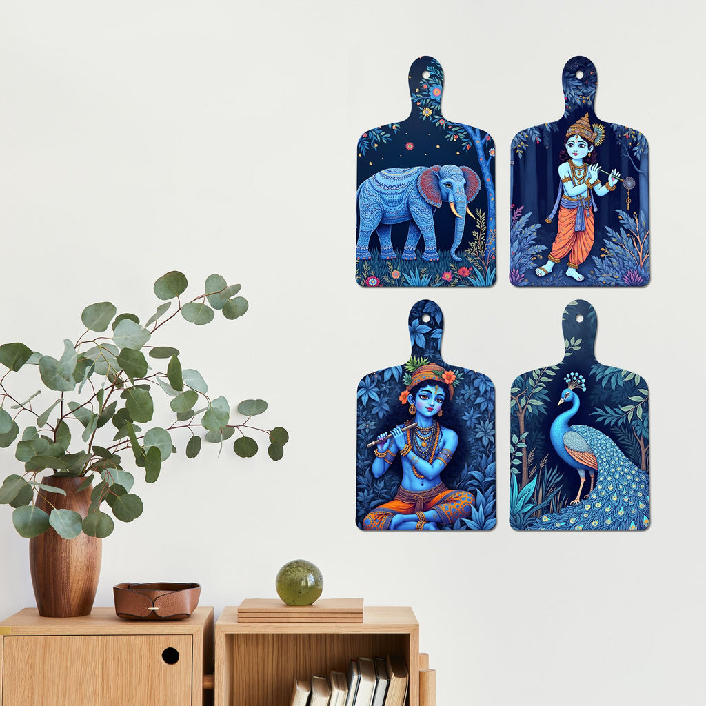 Artvibes Divine Bal Shri Krishna Playing Flute Modern Art Wall And Door Hanging for Home | Spiritual Decor Items | Wall Illustrations | Artwork | Painting | Gift Items (WH_5640N), Set of 4