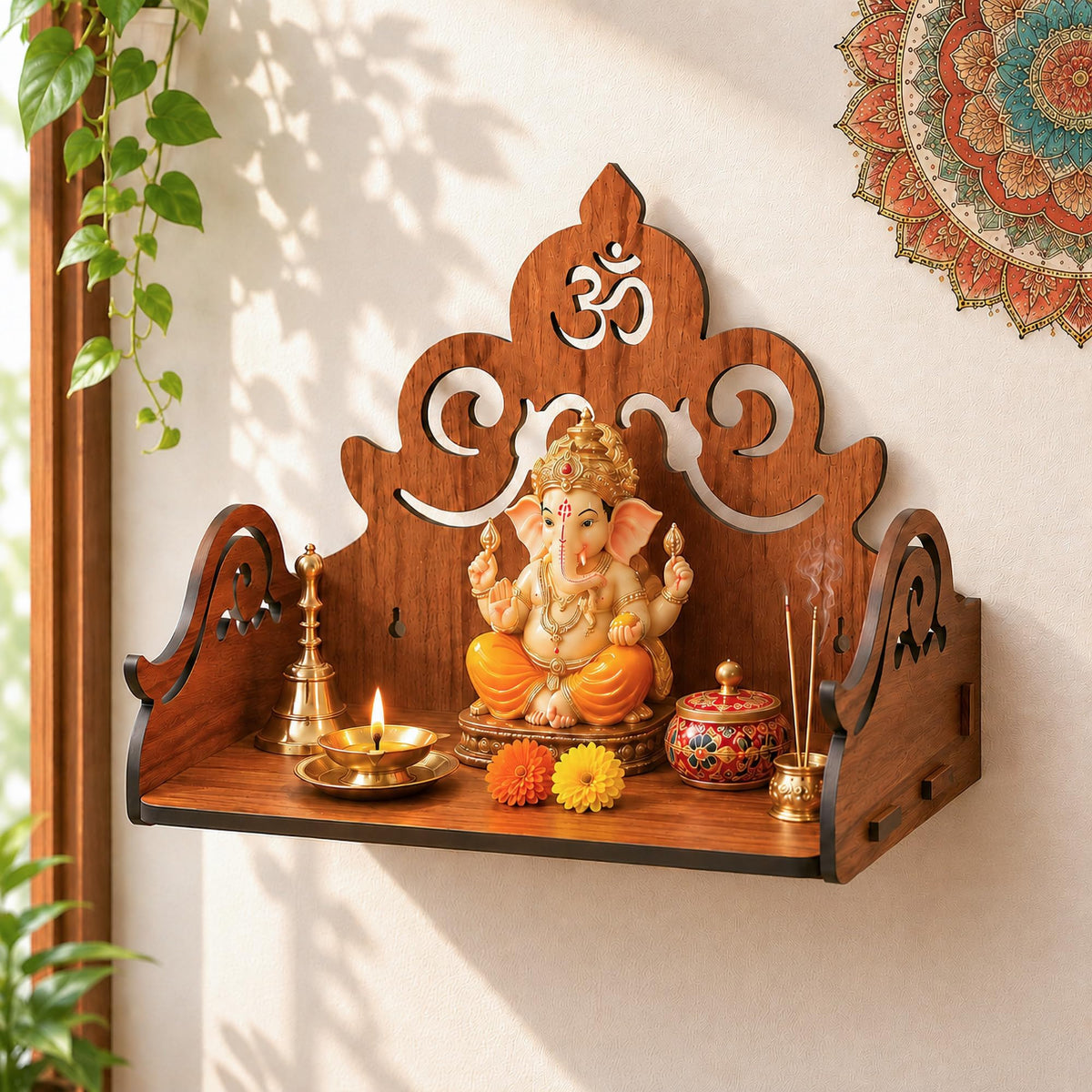 Deskart Wooden Pooja Stand for Home & Office | Mini Pooja Mandir with Wall Mount and Tabletop Design | DIY Floral and Om Designed Temple (Classic)