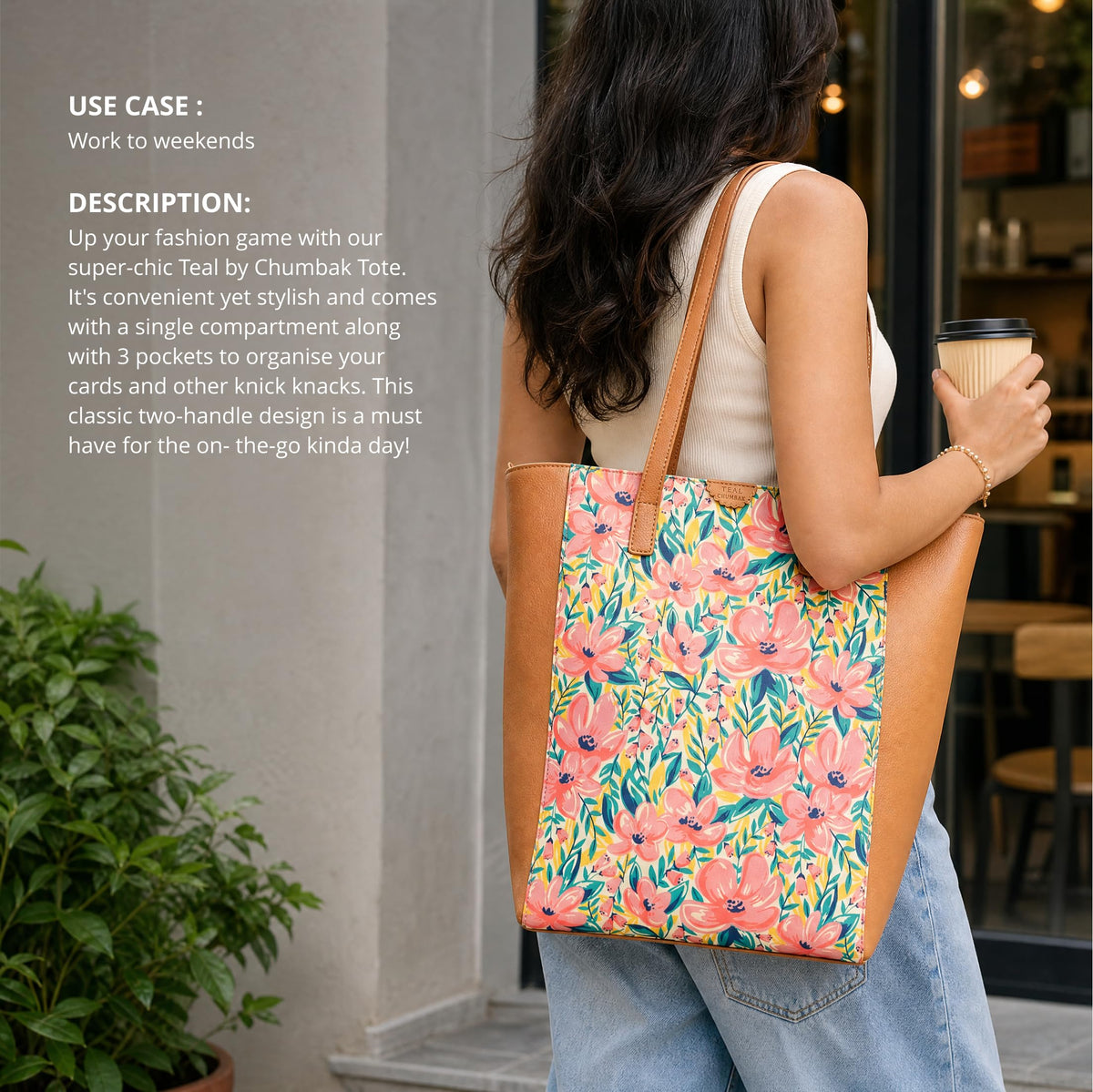 TEAL BY CHUMBAK Women's Office Tote Bag, Stylish Canvas Shoulder Bag for College, Work and Travel, Laptop Compatible with Zipper Closure