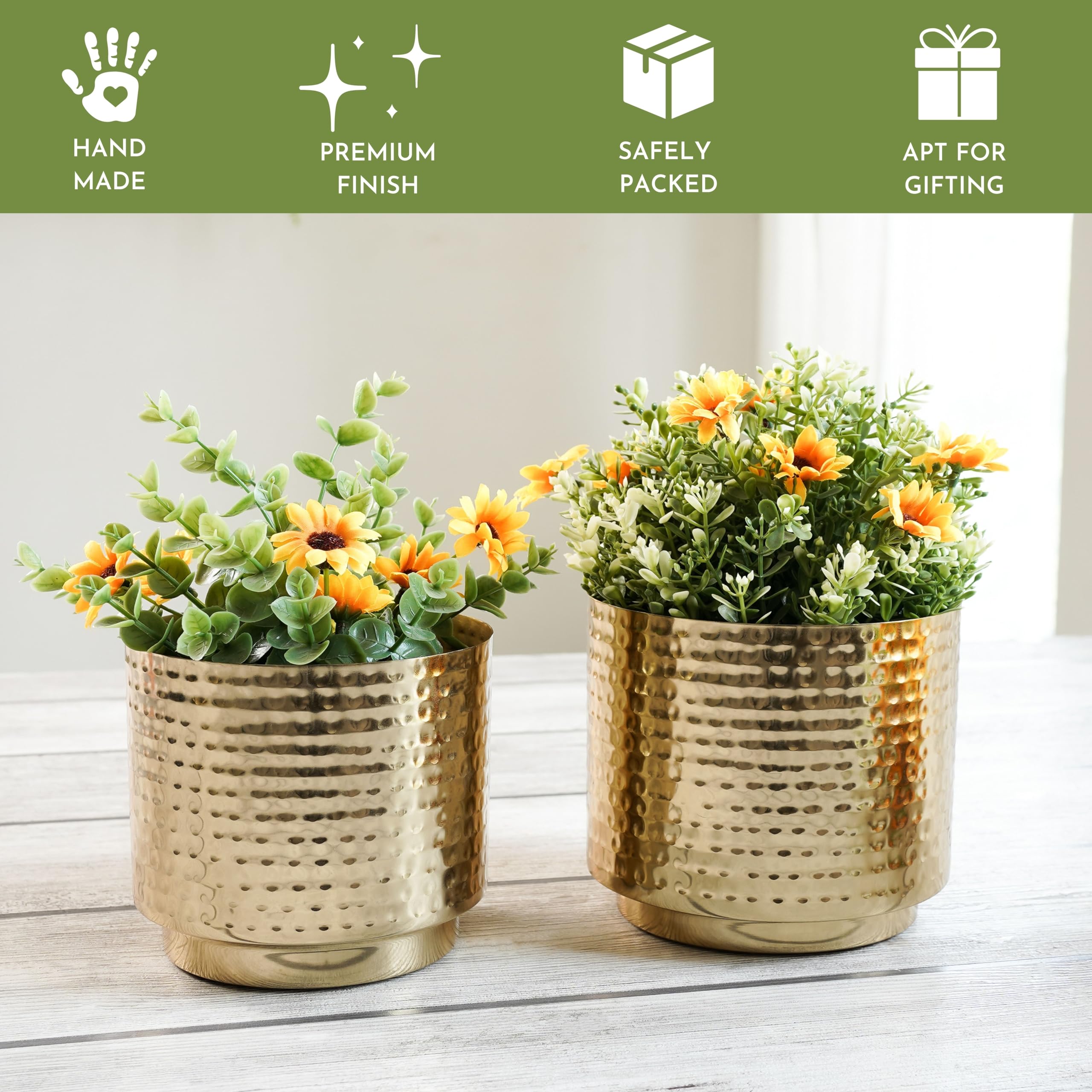 BEHOMA Hammered Gold Metal Mini Tabletop Planters - Set of 2